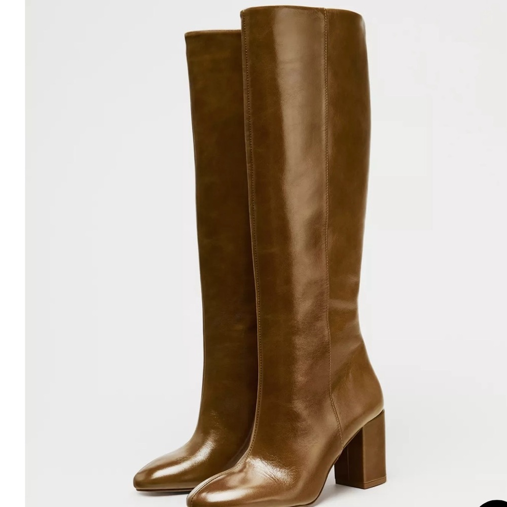 Zara Camel Leather Knee-High Boots NWT